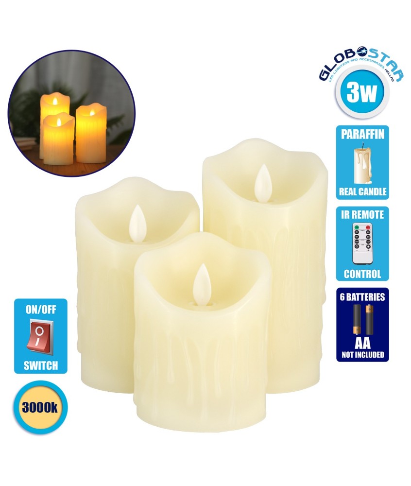 GloboStar® 79561 ΣΕΤ 3 Διακοσμητικών Realistic Κεριών Παραφίνης με LED Εφέ Κινούμενης Φλόγας - Μπαταρίας & Ασύρματο Χειριστήριο IR Σχέδιο Λιωμένο Κερί Θερμό Λευκό 3000K Dimmable